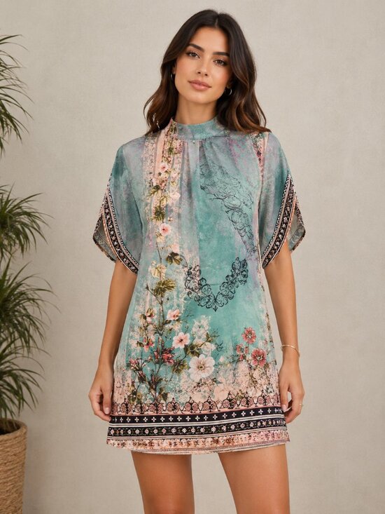 Uoozee Dresses & Skirts - Romantic Botanical Print Kaftan Tunic Boho Baroque Floral Teal Mini Dress M